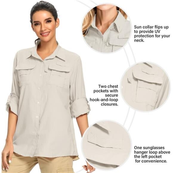 Women's UPF 50+ UV Sun Protection Safari Shirt, Long Sleeve Outdoor Cool Quick - Picture 2 of 7